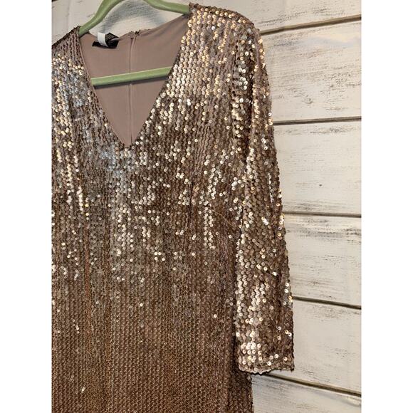 NEW Alfani Womens Allover Sequined Dress Lined Beige Size 12 3/4 Sleeve Back Zip - Picture 2 of 14
